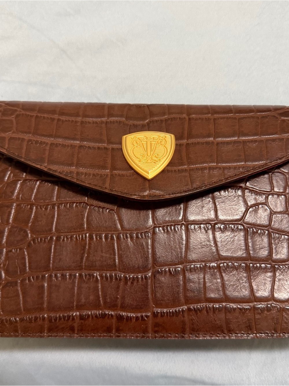 Croc-Embossed Brown Leather Envelope Clutch/Cross Body w/Gold Blaine Trump Logo